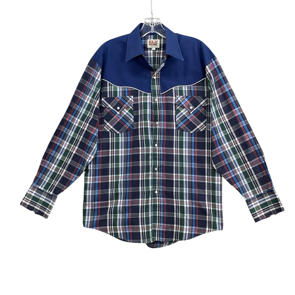 Ely Cattleman Western Shirt Mens Medium Blue‎ Plaid Pearl Snap Long Sleeve Yoke